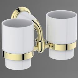 Стакан двойной Art&Max Bianchi, с держателем, настенный, латунь/керамика, форма округлая, для зубных щеток в ванную/туалет/душевую кабину, цвет золото