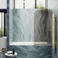 Душевая шторка на ванну MaybahGlass, 140х64 см, бронзовое стекло/профиль узкий, цвет золото, фиксированная, плоская/панель, правая/левая, правосторонняя/левосторонняя, универсальная