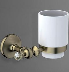 Стакан Art&Max Antic Crystal, с держателем, настенный, латунь/стекло, форма округлая, для зубных щеток в ванную/туалет/душевую кабину, цвет бронза