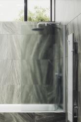 Душевая шторка на ванну MaybahGlass, 140х60 см, сатиновое стекло/профиль широкий, цвет белый матовый, фиксированная, закаленное стекло 8 мм, плоская/панель, правая/левая, правосторонняя/левосторонняя, универсальная