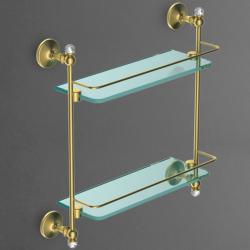 Полка стеклянная двойная Art&Max Antic Crystal, настенная, латунь/стекло, форма прямоугольная, под зеркало в ванную/туалет/душевую кабину, цвет золото