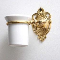 Стакан Art&Max Impero, с держателем, настенный, латунь/стекло, форма округлая, для зубных щеток в ванную/туалет/душевую кабину, цвет античное золото, к стене