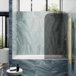 Душевая шторка на ванну MaybahGlass, 140х54 см, графитовое матовое стекло/профиль узкий, цвет золото, фиксированная, плоская/панель, правая/левая, правосторонняя/левосторонняя, универсальная