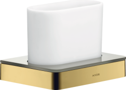 Стакан Axor Universal Accessories, с держателем, настенный, металлический/стеклянный, форма прямоугольная, для зубных щеток в ванную/туалет/душевую кабину, цвет полированное золото, к стене