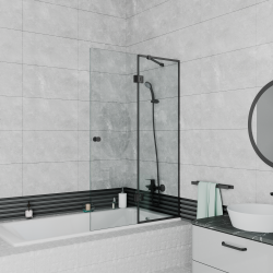 Шторка на ванну стеклянная D&K Matrix 140х90 см, прозрачное стекло, профиль черный, распашная, двухсекционная, с фиксированной и подвижной частью, плоская/ панель