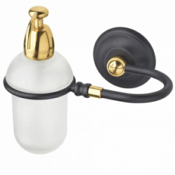 Дозатор жидкого мыла Art&Max Sophia, настенный, латунь/стекло, форма округлая, для мыла в ванную/туалет/душевую кабину, цвет античное золото/черный, к стене
