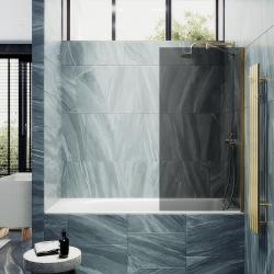 Душевая шторка на ванну MaybahGlass, 140х70 см, графитовое стекло/профиль широкий, цвет золото, фиксированная, закаленное стекло 8 мм, плоская/панель, правая/левая, правосторонняя/левосторонняя, универсальная