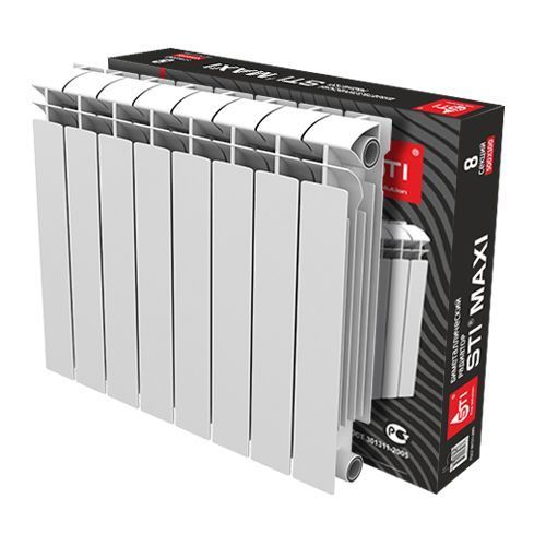 Радиатор отопления STI MAXI 500/100 (8 секций) биметаллический, боковое подключение, для квартиры, дома, водяные, мощность 1280 Вт, настенный, батарея, белый