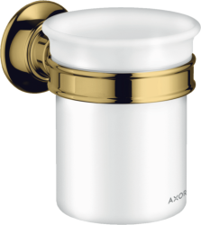 Стакан Axor Montreux, с держателем, настенный, металлический/стеклянный, форма круглая, для зубных щеток в ванную/туалет/душевую кабину, цвет полированное золото, к стене