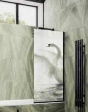 Душевая шторка на ванну MaybahGlass, 140х50 см, стекло с рисунком (ФП003)/профиль узкий, цвет черный, фиксированная, закаленное стекло 8 мм, плоская/панель, правая/левая, правосторонняя/левосторонняя, универсальная