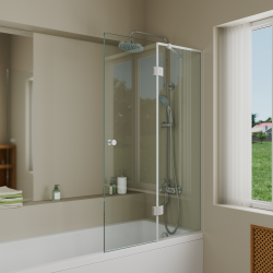 Шторка на ванну стеклянная D&K Matrix 140х90 см, прозрачное стекло, профиль хром полированный, распашная, двухсекционная, с фиксированной и подвижной частью, плоская/ панель