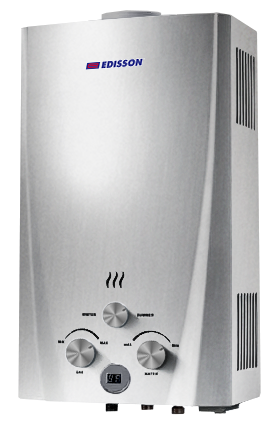 Газовая колонка EDISSON F 20 D (Silver) (водонагреватель газовый) настенный, вертикальный, накопительный тип, 20 кВт, 10 л/мин, 610х350х188 мм, (цвет серебристый, прямоугольный, плоский) с нижнее подводкой