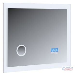 Зеркало Bandhours Blue 800, 80х4x65 см с LED/ЛЕД-подсветкой, с подогревом, часами, сенсором, прямоугольное, цвет хром, для ванны, навесное/подвесное/настенное, функции