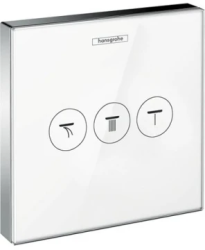 Модуль Hansgrohe ShowerSelect, переключатель потоков, скрытый монтаж, 15,6х15,6х2,4 см, нержавеющая сталь, для 3х потребителей, с 3 запорными клапанами, покрытие хром, цвет хром/белый, термостатический картридж, клапан Select