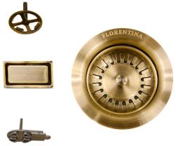 Сливная арматура для кухонной мойки Florentina FLVP-710 цвет: золото, нержавеющая сталь, сетчатая корзина, чашка, круглый и прямоугольный скругленный переливы, ключ для монтажа