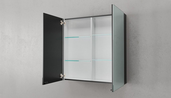 Зеркальный шкаф Velvex Klaufs 80-216, 803х140х800 мм, подвесной, цвет черный, зеркало, 2 распашные дверцы/2 стеклянные полки, прямоугольный, левый/правый, левосторонний/правосторонний/универсальный