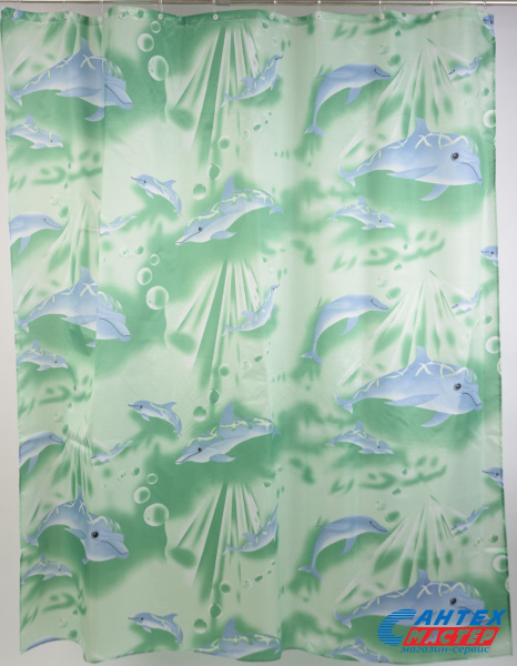 Шторка АкваЛиния для ванной комнаты полиэстер зеленый дельфины 020A-06