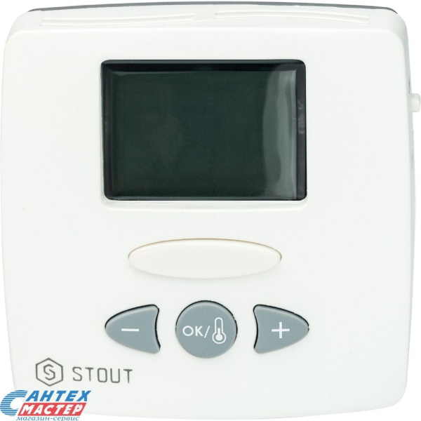 Терморегулятор Stout WFHT-LCD проводной, для систем электрического теплого пола (белый), термостат электронный, с жк дисплеем, аналоговый, программируемый, температуры, с датчиком внутренним и выносным (внешним) температуры