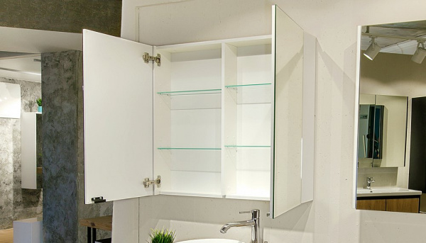 Зеркальный шкаф Velvex Klaufs 80-216, 803х140х800 мм, подвесной, цвет белый, зеркало, 2 распашные дверцы/2 стеклянные полки, прямоугольный, левый/правый, левосторонний/правосторонний/универсальный