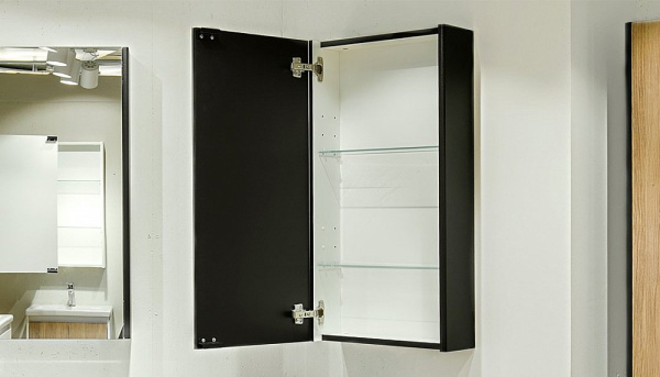 Зеркальный шкаф Velvex Klaufs 40-217, 400х139х800 мм, подвесной, цвет черный, зеркало, 1 распашная дверца/2 стеклянные полки, прямоугольный, левый/правый, левосторонний/правосторонний/универсальный
