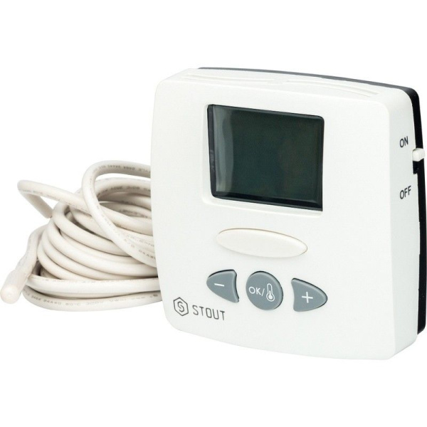 Терморегулятор Stout WFHT-RF LCD проводной, для систем электрического теплого пола (белый), термостат электронный, с жк дисплеем, аналоговый, программируемый, температуры, с датчиком внутренним и выносным (внешним) температуры