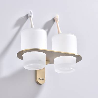 Стакан с держателем Raglo R300.08.03 двойной, с держателем, настенный, нержавеющая сталь/стекло, для зубных щеток в ванную/туалет/душевую кабину, цвет сатин золотой