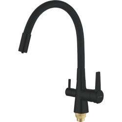 Смеситель для кухни/мойки SHEVANIK, с подключением  фильтра питеьвой воды, однорычажный, округлый, поворотный, латунь, с гибким изливом, длина излива 280 мм, латунь, цвет черный