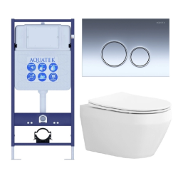 Комплект унитаза с инсталляцией Aquatek Лея (Сет) c сиденьем микролифт, с клавишей смыва (кнопкой, клавишей двойного смыва) хром глянец, комплект крепления