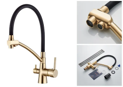 Смеситель для кухни/мойки Accoona, с подключением к фильтру с питьевой водой, однорычажный, поворотный/гибкий, керамический, длина излива 180 мм, латунь, цвет черный/золото