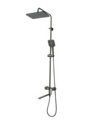 Душевая система Aquatek Ника со смесителем, высота 1200-1550 мм цвет оружейная сталь, комплект: однорычажный смеситель/длинный излив/тропический душ (с верхней лейкой)/лейка/стойка/шланг, латунь/ABS-пластик