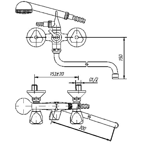 Смеситель для ванны/душа Mofem Metallica 604 двухвентильный, резиновый, настенный, излив поворотный 300 мм, с гибким шлангом, душем/лейкой Basic, латунь хром, 145-0057-02
