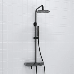 Душевая система WasserKRAFT Abens, высота 800-1250 мм, цвет хром/черный матовый, комплект: термостатический смеситель/излив/тропический душ (с верхней лейкой)/стойка/лейка/шланг, наружного монтажа