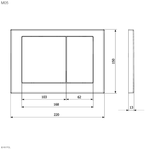 Кнопка смыва KK-POL M05, прямоугольная, цвет золото матовое, пластик, клавиша управления для сливного бачка, инсталляции унитаза, двойная, механическая, панель, универсальная, размер 15х22х1,3 см
