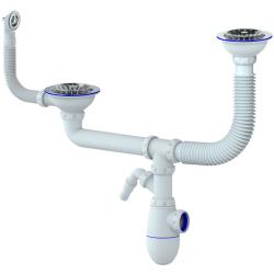 Сифон Unicorn для мойки 3 1/2"х40 мм двойной, разноуровневый, с круглым переливом, бутылочный, с отводом для стиральной машины, без отвода в канализацию