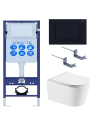 Комплект унитаза с инсталляцией Aquatek Оберон Т (Сет) c сиденьем микролифт, с клавишей смыва (кнопкой, клавишей двойного смыва) черная, комплект крепления, смыв Торнадо