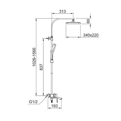 Душевая система Raglo R01.24.06 со смесителем, высота 1026-1566 мм цвет черный, комплект: однорычажный смеситель/излив/тропический душ прямоугольный (с верхней лейкой)/лейка/стойка/шланг, нержавеющая сталь/латунь