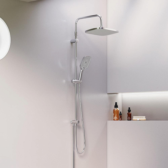 Душевой гарнитур Damixa Gala высота 1050-1450 мм, цвет хром, без смесителя, комплект: тропический душ прямоугольный (с верхней лейкой)/стойка/лейка/шланг, настенная, латунь/пластик