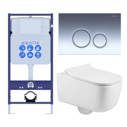 Комплект унитаза с инсталляцией Aquatek Лугано (Сет) c сиденьем микролифт, с клавишей смыва (кнопкой, клавишей двойного смыва) хром глянец, комплект крепления