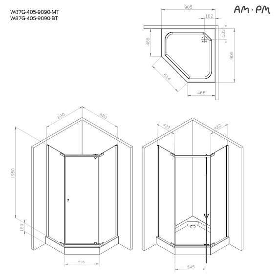 Душевое ограждение Am.Pm Sunny 90x90 см без поддона, с распашной дверью, прозрачное закаленное стекло 5 мм, профиль черный матовый алюминий, пятиугольная