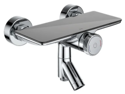 Смеситель для ванны/душа IDDIS Shelfy, управление Push Control, настенный, поворотный, керамический картридж, длина излива 116 мм, латунь, цвет хром, с полкой