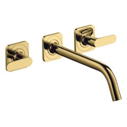 Смеситель для раковины Axor Citterio M, на 3 отверстия, двухвентильный, с рычаговыми рукоятками, скрытого монтажа, настенный, фиксированный излив, длина 22,6 см, керамический, латунь, цвет полированное золото, незапираемый сливной набор