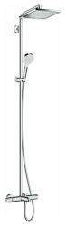 Душевая система Hansgrohe Crometta E Showerpipe 240 1jet, высота 160 см, цвет хром, комплект: верхний душ/ручной душ/термостат с изливом для ванны/штанга для душа/держатель для душа/душевой шланг, наружного монтажа, настенная, латунная/пластиковая