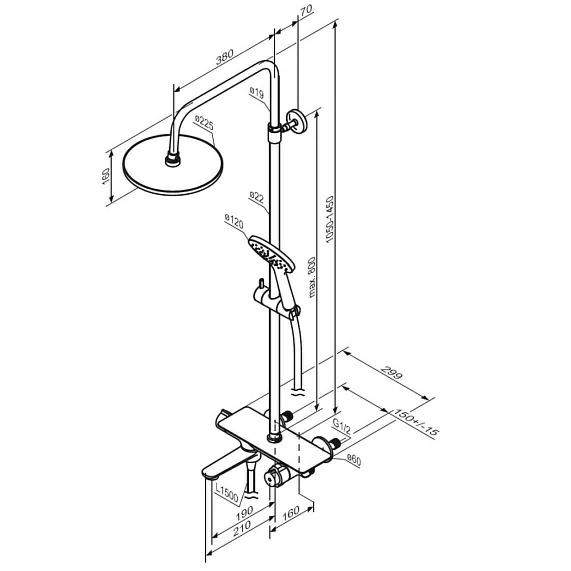 Душевая система Damixa Jupiter, высота 1050-1450 мм, цвет черный матовый, комплект: термостатический смеситель-полка/излив/тропический душ круглый (с верхней лейкой)/стойка/лейка/шланг, латунь/пластик