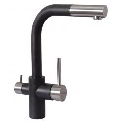 Смеситель для кухни Florentina Кристалл, однорычажный, выдвижной, керамический, с высоким изливом, высота излива 30,8 см, латунь, цвет черный, с подключением к фильтру чистой воды