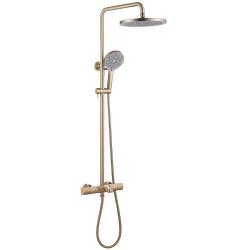 Душевая система ABBER Thermostat наружного монтажа, высота 860-1430 мм, цвет золото матовое, комплект: смеситель термостатический/излив/тропический душ (с верхней лейкой)/стойка/лейка/шланг, латунь AF8516GL