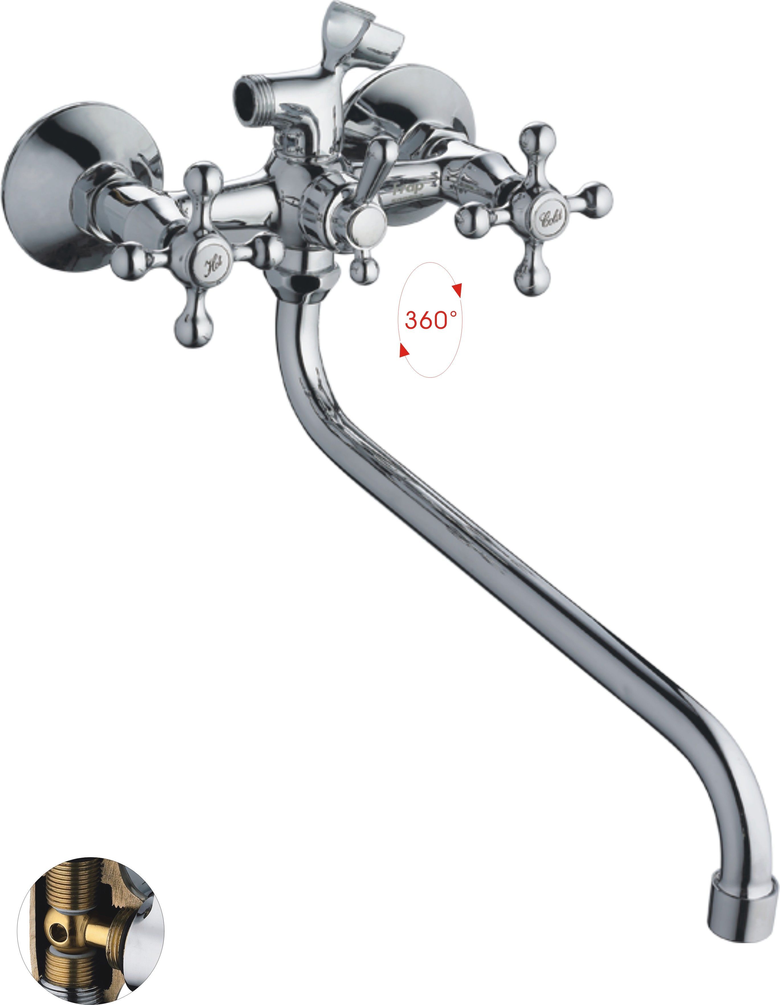 Смеситель для ванны/душа HAIBA CRON двухвентильный, хромированный, настенный, излив длинный 300 мм, поворотный, силумин, цвет хром