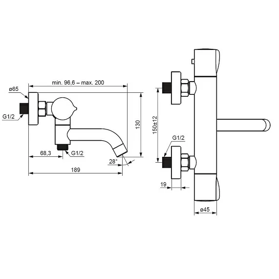 Смеситель для ванны/душа Damixa Scandinavian Pure, настенный, термостатический, поворотный, керамический, длина излива 189 мм, латунь, цвет хром