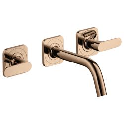 Смеситель для раковины Axor Citterio M, на 3 отверстия, двухвентильный, с рычаговыми рукоятками, скрытого монтажа, настенный, фиксированный излив, длина 16,6 см, керамический, латунь, цвет полированное красное золото, незапираемый сливной набор