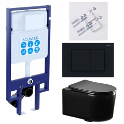 Комплект унитаза с инсталляцией Aquatek Мия (Сет) c сиденьем микролифт, с клавишей смыва (кнопкой, клавишей двойного смыва) черная, унитаз черный, комплект крепления