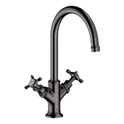 Смеситель для раковины Axor Montreux 210, двухвентильный, с крестообразными рукоятками, поворотный излив, длина излива 17,5 см, керамический, латунь, цвет: полированный черный хром, с незапираемым сливным набором